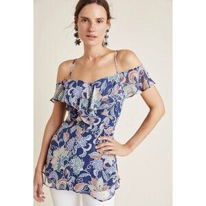 Anthropologie Maeve Mariposa Open-Shoulder Ruffled Top Size 0 Floral Boho Navy